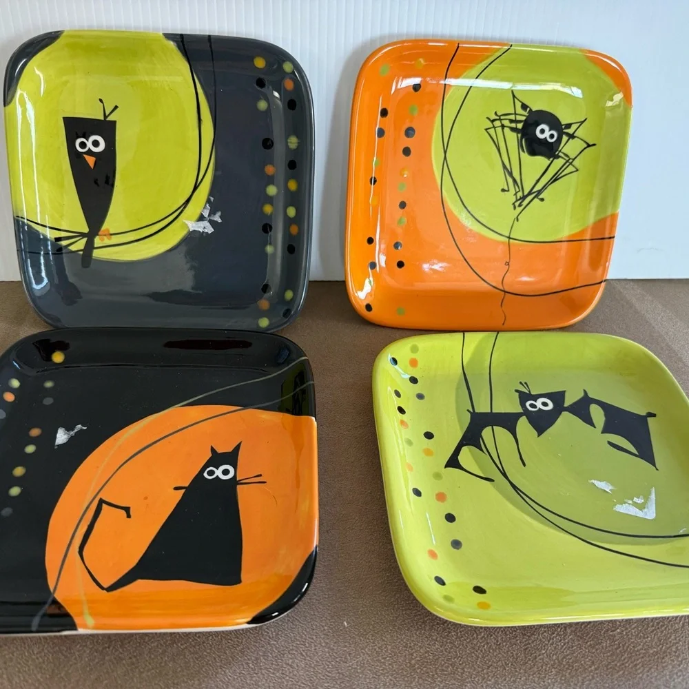 Sur La Table Halloween Cat and Bat Plates - Black, Orange, Green